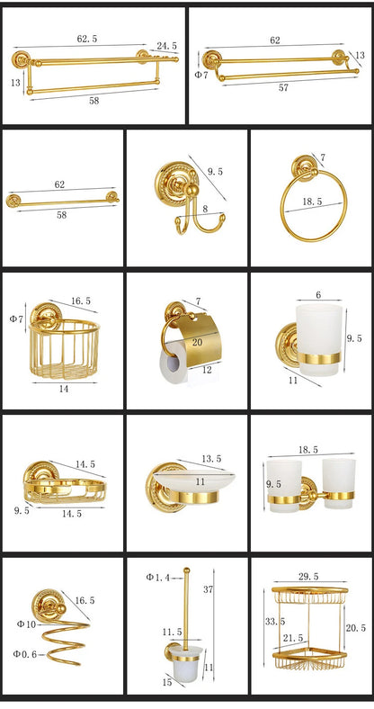 Solid Brass Bathroom Hardware Set - Gold Polished Toothbrush Holder, Paper Holder, Towel Bar, and Towel Rack