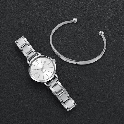 2PCS Women's Gold Steel Band Quartz Watch & Opening Cuff Bracelet Set - Elegant Fashion