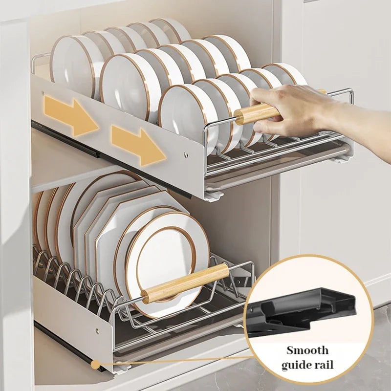 Multi-Layer Pull-Out Cabinet Rack for Bowls and Dishes - Versatile Kitchen Storage Organizer