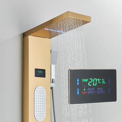 Golden LED Shower Panel with Rainfall Showerhead and Massage Jets - Wall Mounted Stainless Steel Shower Column