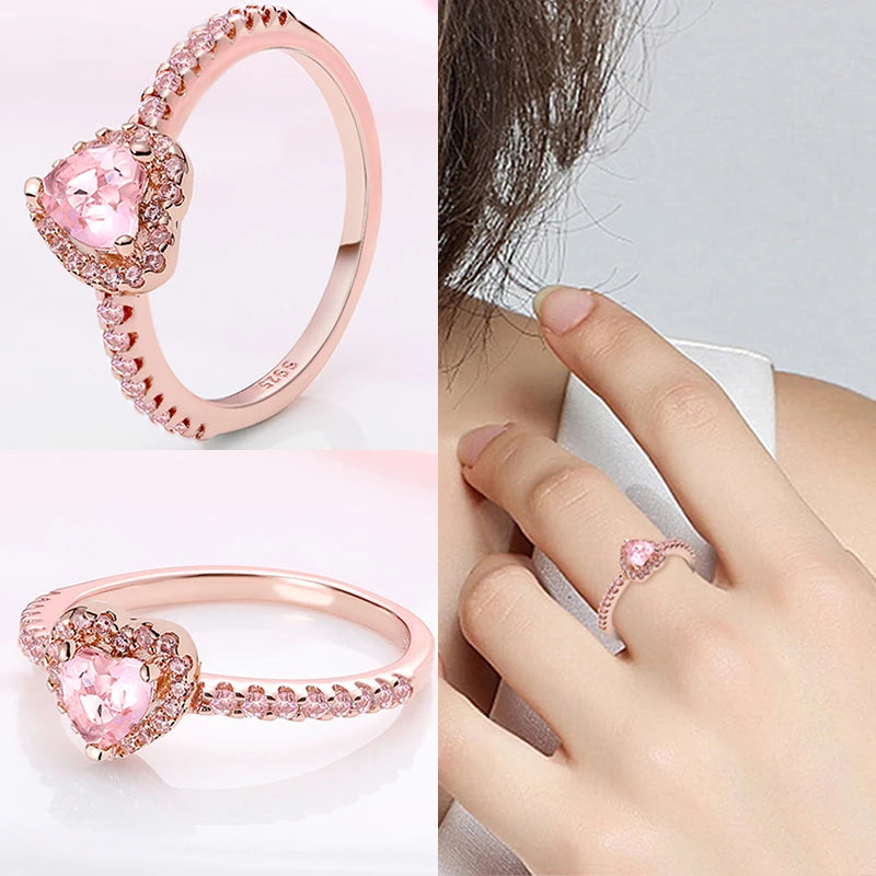 925 Sterling Silber Ring für Damen – Rosa Herz mit Krone, Stern, Mond und Schneeflocken Zirkonia Akzenten – Modischer Verlobungs- und Hochzeitsschmuck