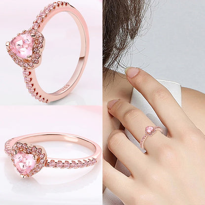 925 Sterling Silver Ring for Women – Pink Heart with Crown, Star, Moon, and Snowflake Zircon Accents – Fashionable Engagement and Wedding Jewelry