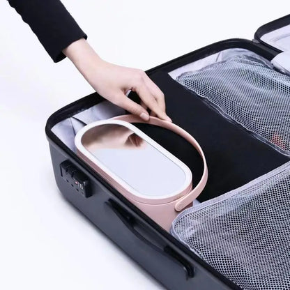 Portable Makeup Organizer with LED Light Mirror – Travel Cosmetic Storage Case with Touch-Activated Light