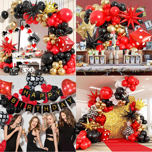 Las Vegas Casino Party Balloon Set: Red, Black, and Gold Garland Arch with Starburst Foil and Dice Balloons