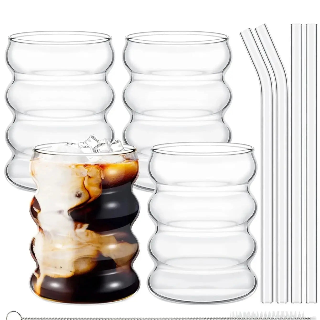 Leeseph Vintage Ribbed Glass Coffee Mugs – Set of 4 Aesthetic Drinking Glasses with Straws