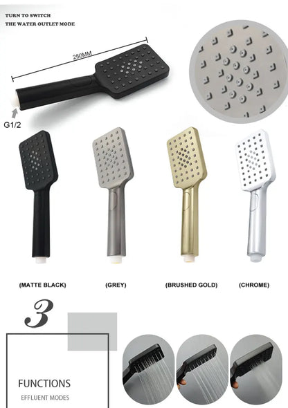 3-Function Handheld Shower with Sliding Rod Connector - Chrome, Brushed Gold, Matte Black, Gray Bathroom Accessories