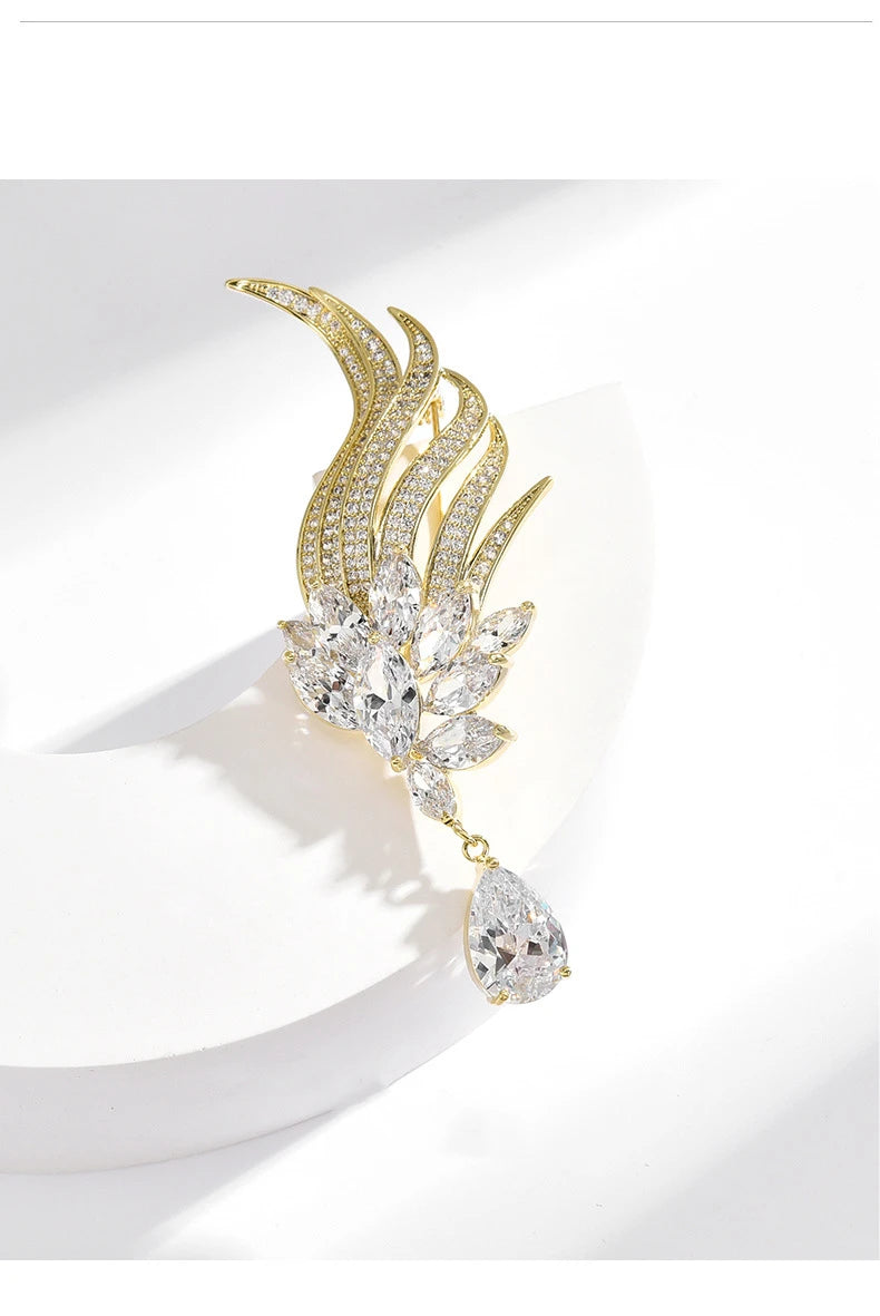 Exquisite Luxury Angel Feather Pendant Pin with Rhinestones and Crystal Brooch – Elegant Classic Jewelry for Women