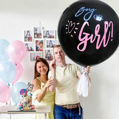 36'' Giant Black Latex Balloon with Blue and Pink Confetti – Perfect for Baby Shower or Gender Reveal Party Decoration