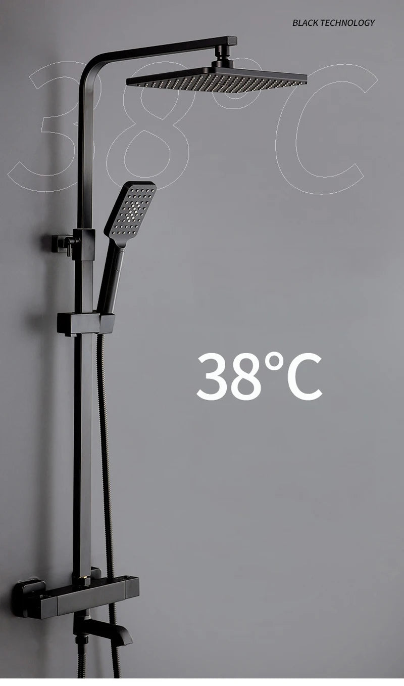 Antique Thermostatic Shower Faucet - Modern Black Bathtub Mixer with Rainfall Shower Head