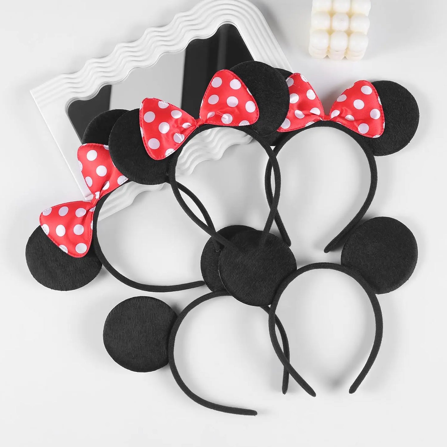 12-Piece Mickey & Minnie Mouse Ear Headband Set - Black with Red and Pink Disney Bow - Perfect for Birthday Parties and Gifts