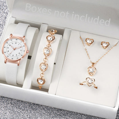 5-Piece Women's Fashion Watch Set with Diamond Heart Jewelry, Small Dial Quartz Watches, Leather Bands (No Box Included)