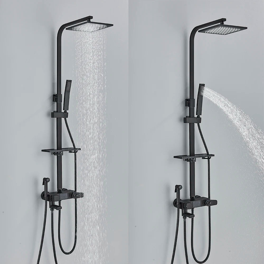 Thermostatic Display Shower Faucet Set with Rainfall Showerhead and Bidet Spray - Black/Chrome Finish with Built-in Bathroom Shelf