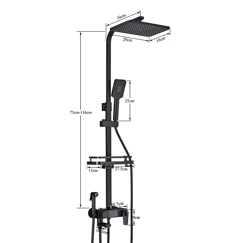 Thermostatisches Duscharmatur-Set mit Regenduschkopf und Bidetbrause, Schwarz/Chrom-Finish, mit eingebauter Badezimmerablage