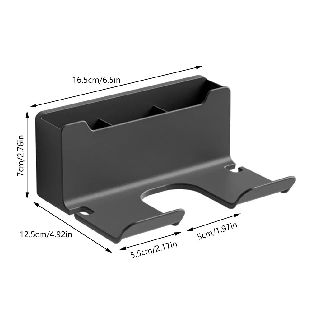 حامل مجفف الشعر ومكواة فرد الشعر المثبت على الحائط مع رف منظم