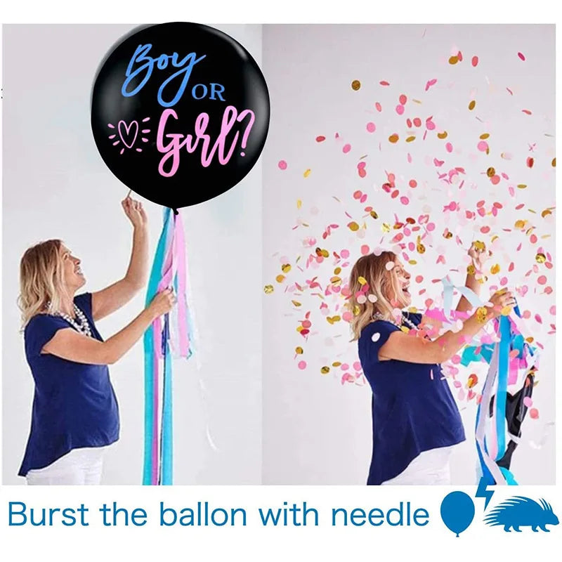 Giant Black Latex Gender Reveal Balloon with Confetti – Perfect for Baby Shower or Birthday Celebration