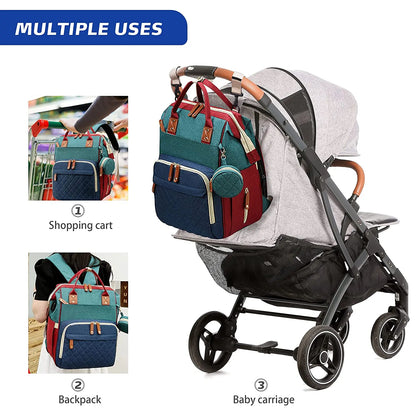 3-in-1 Wickeltaschen-Rucksack mit faltbarem Babybett &amp; USB-Aufladung – wasserdichte Reisetasche mit Wickelunterlage