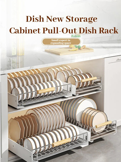 Multi-Layer Pull-Out Cabinet Rack for Bowls and Dishes - Versatile Kitchen Storage Organizer