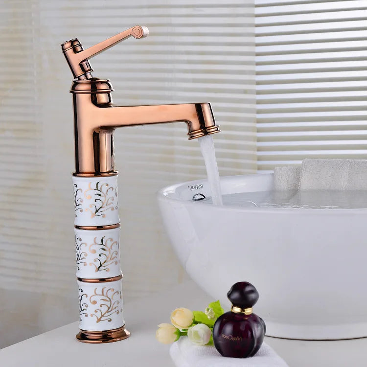 Rose Gold Deck-Mounted Brass Bathroom Basin Faucet - Modern Mixer Tap with Ceramic Cartridge