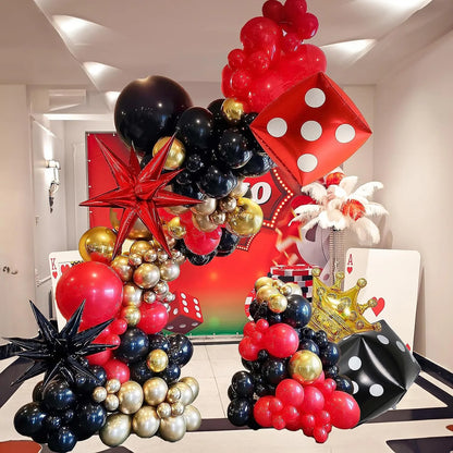 Las Vegas Casino Party Balloon Set: Red, Black, and Gold Garland Arch with Starburst Foil and Dice Balloons