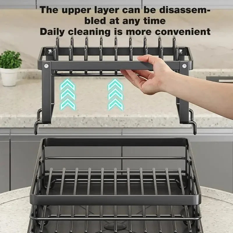 Adjustable Stainless Steel Dish Drying Rack with Drainboard – Over Sink Countertop Plate and Cutlery Organizer