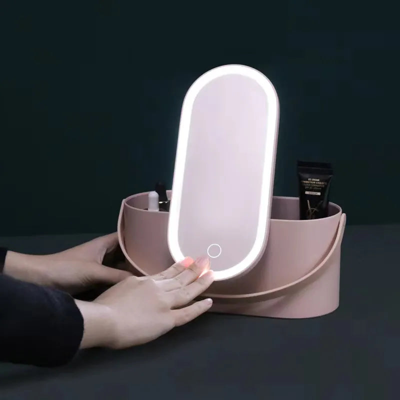 Portable Makeup Organizer with LED Light Mirror – Travel Cosmetic Storage Case with Touch-Activated Light