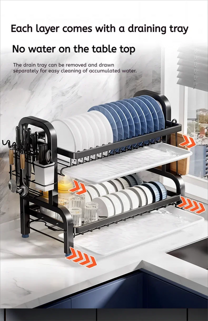 Kompaktes Abtropfgestell mit 2 Ebenen, Abtropffläche und Utensilienhalter – großes, rostfreies Küchenabtropfgestell"
