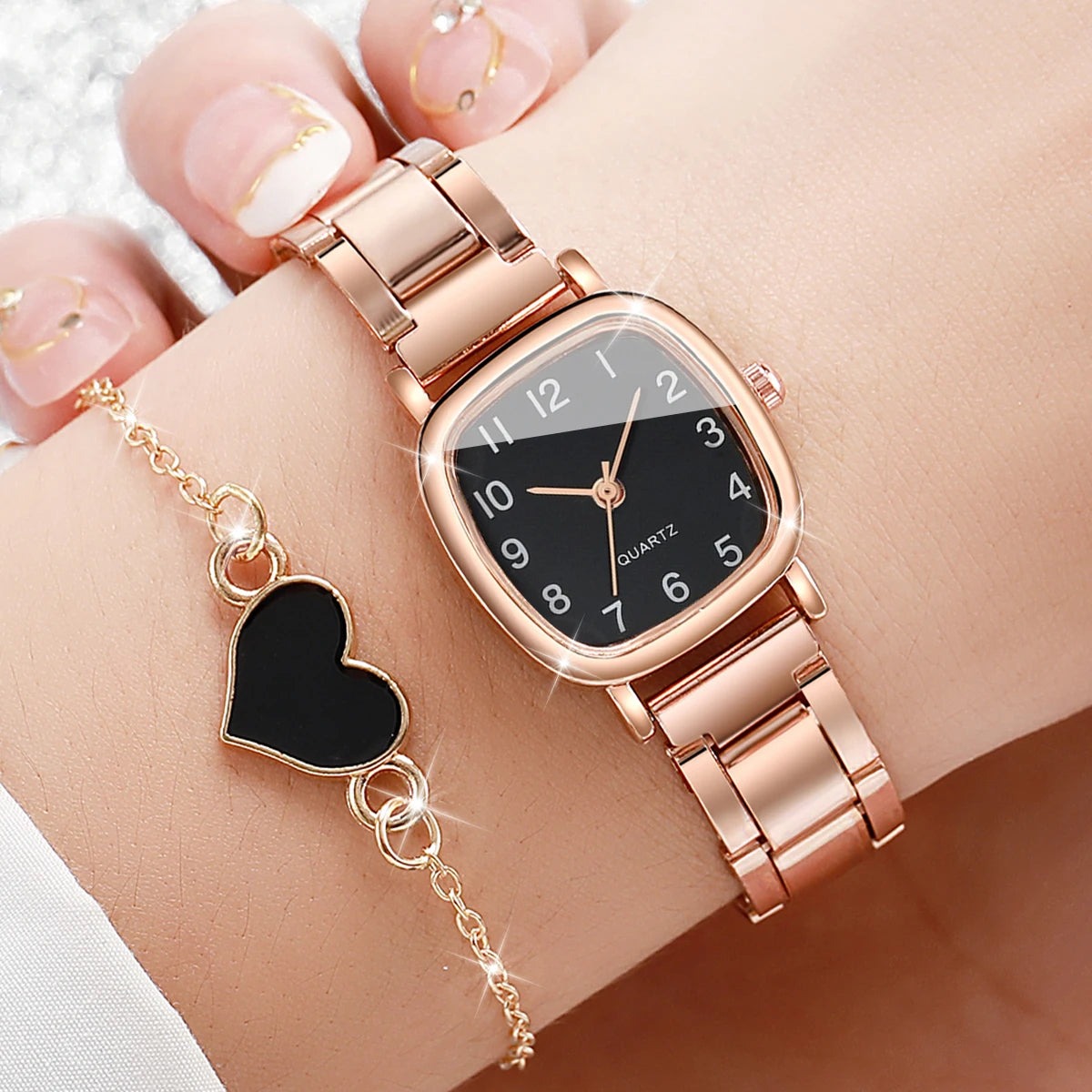 2PCS Women's Square Quartz Watch & Heart Bracelet Set - Fashionable Steel Band