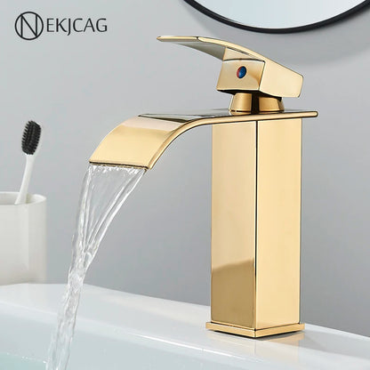 Gold Bathroom Basin Faucet - Waterfall Outlet Sink Mixer with Deck Installation, Cold and Hot Mixing Crane