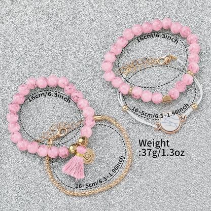 5-teiliges Set mit floraler Damen-Quarzuhr und Perlenarmband – Lederband