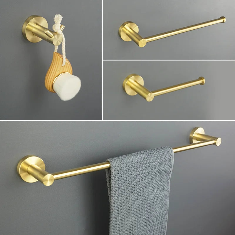 Wandregal und Zubehörset für Badezimmer in gebürstetem Gold: Inklusive Toilettenpapierhalter, Handtuchhalter, Regal, Stange und Bademantelhaken