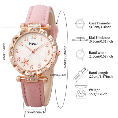 5PCS Floral Fashion Women's Quartz Watch & Beaded Bracelet Set - Leather Band