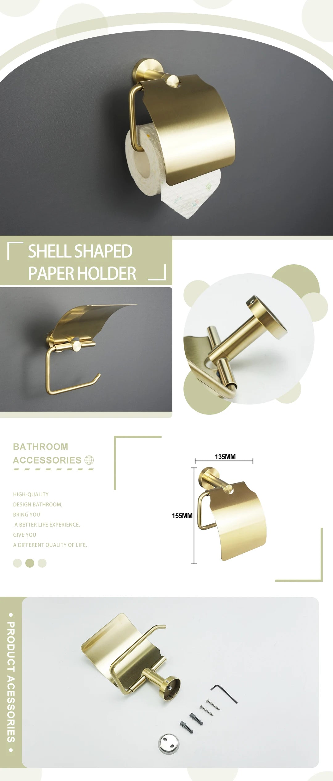 Brushed Gold Bathroom Wall-Mount Shelf & Accessory Set: Includes Toilet Paper Holder, Towel Bar, Rack, Rod, and Robe Hook