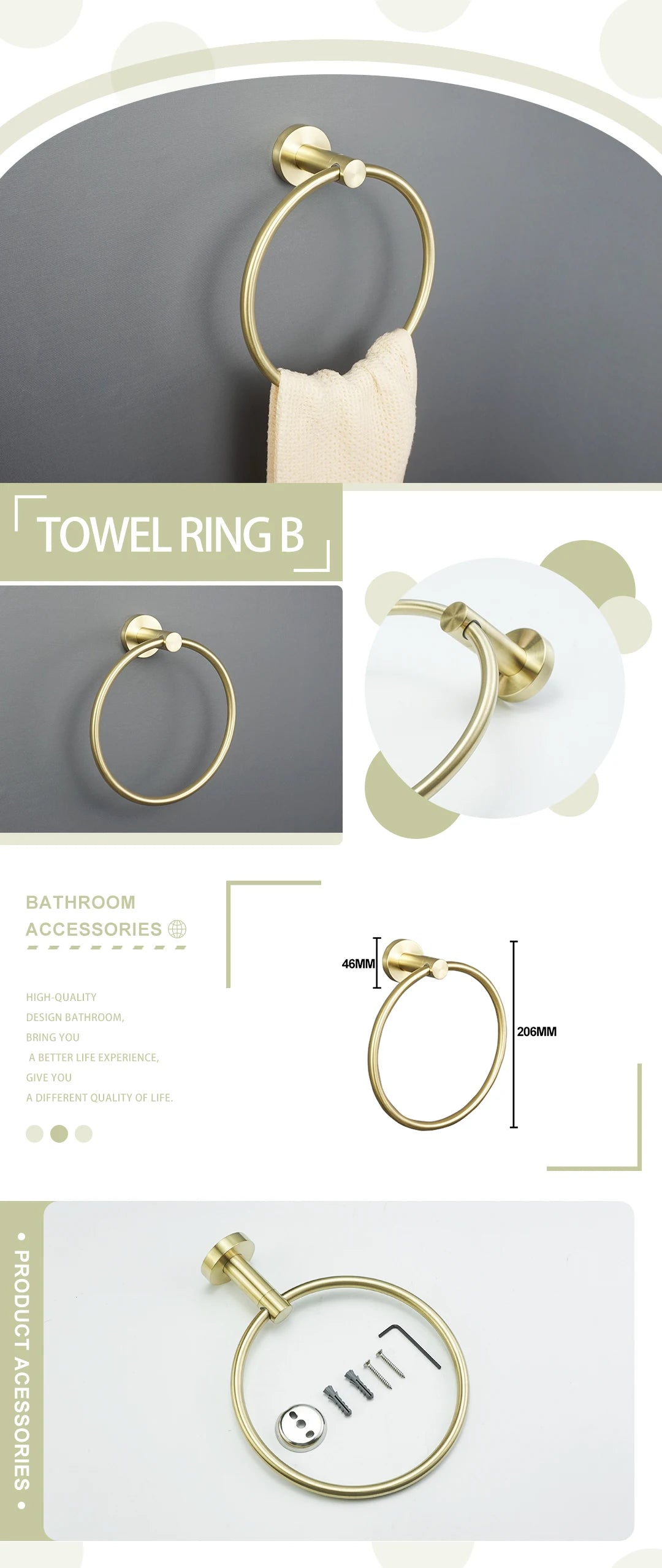 Brushed Gold Bathroom Wall-Mount Shelf & Accessory Set: Includes Toilet Paper Holder, Towel Bar, Rack, Rod, and Robe Hook