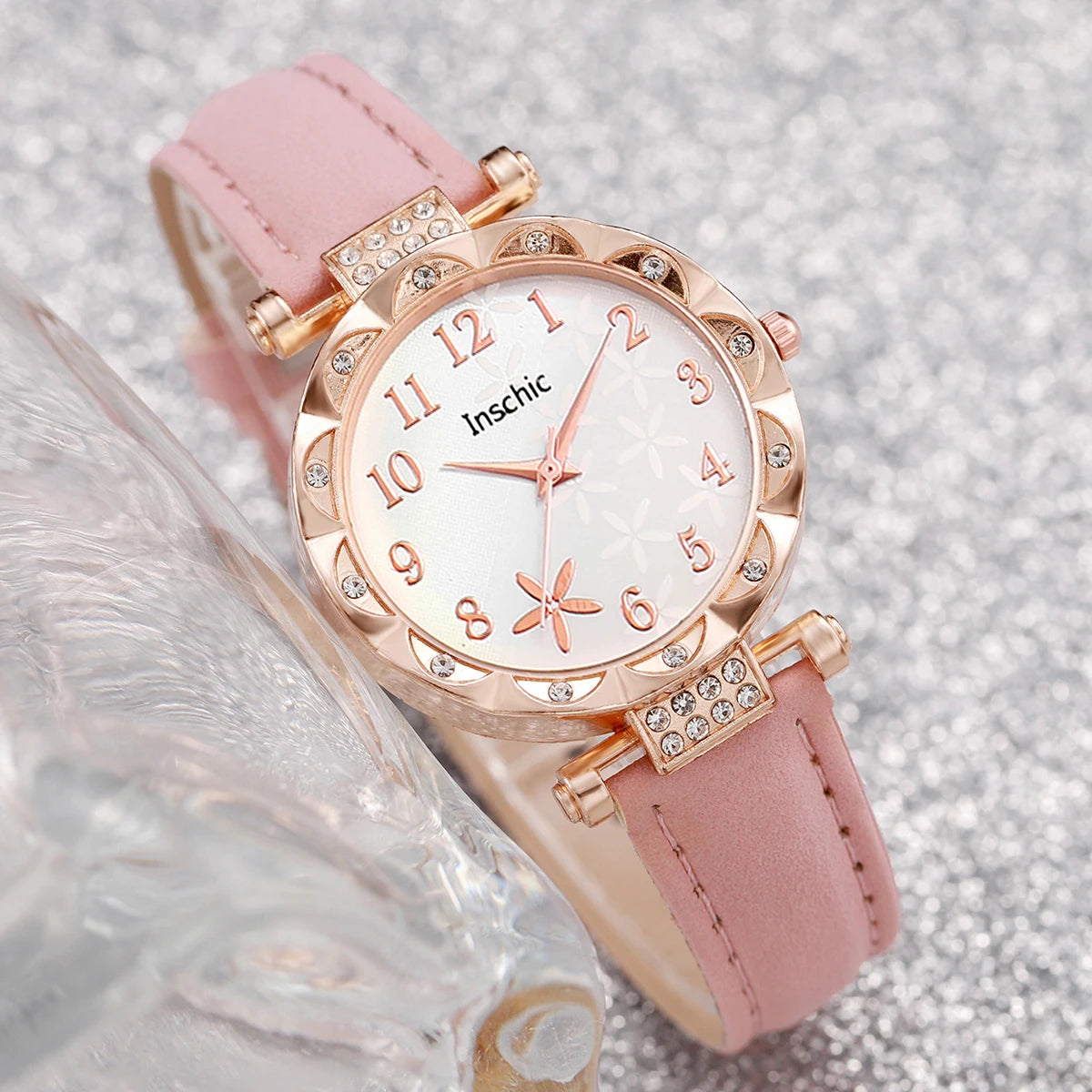 5PCS Floral Fashion Women's Quartz Watch & Beaded Bracelet Set - Leather Band