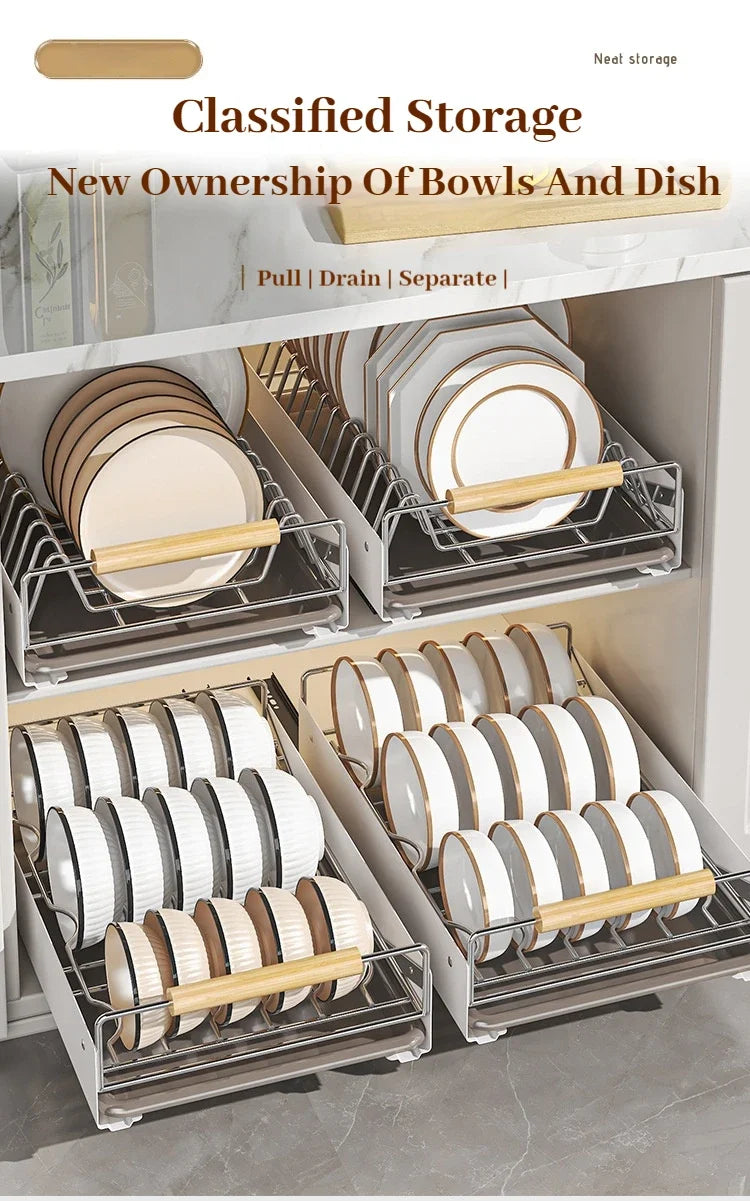 Multi-Layer Pull-Out Cabinet Rack for Bowls and Dishes - Versatile Kitchen Storage Organizer