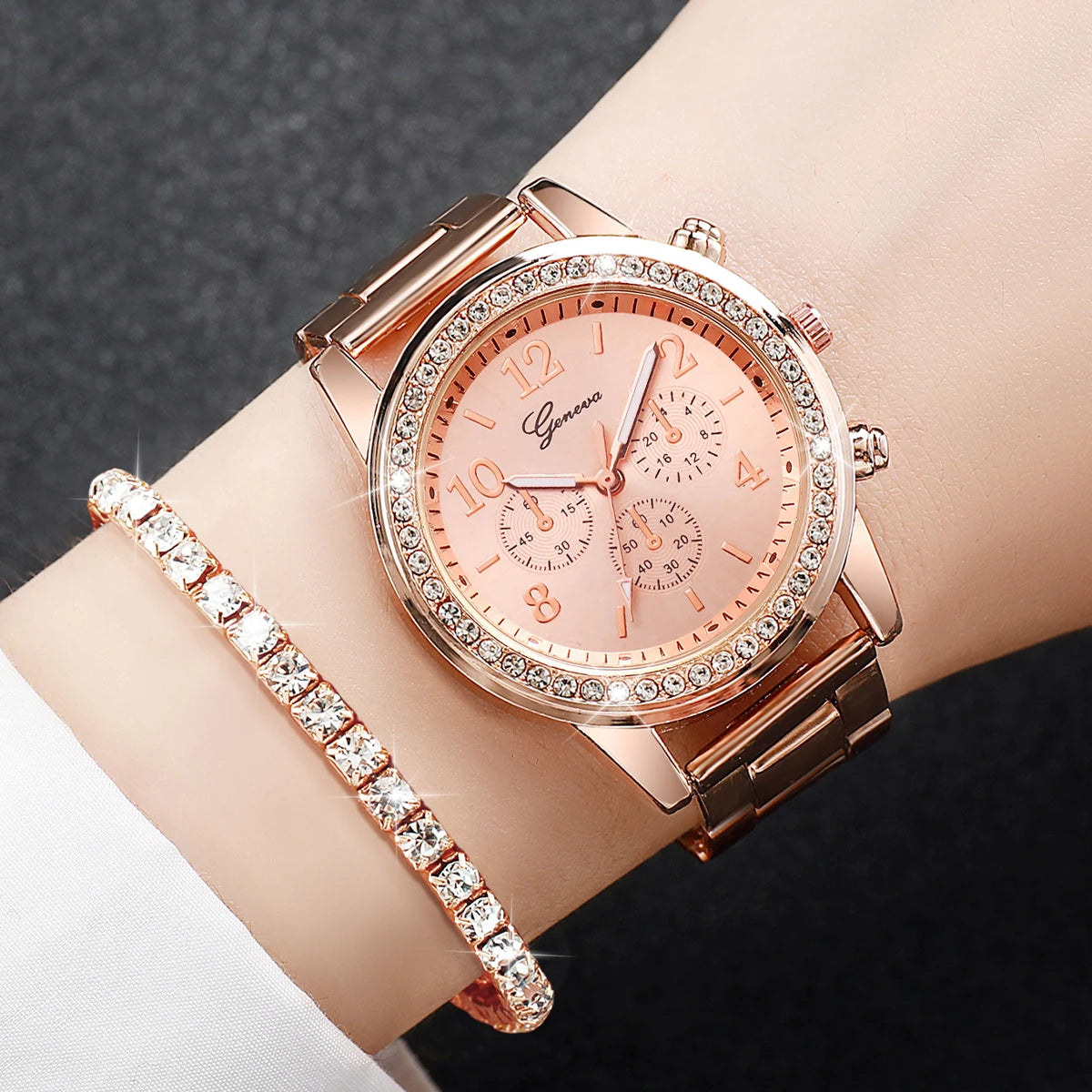 6PCS Rhinestone Women's Quartz Watch & Diamond Jewelry Set - Stainless Steel Band