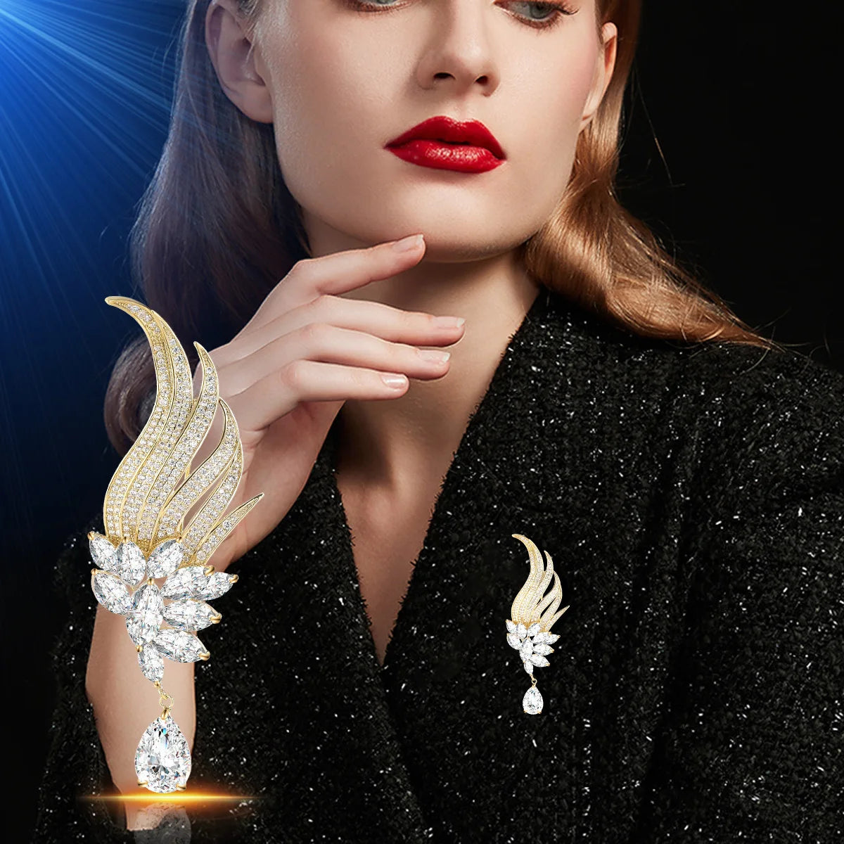 Exquisite Luxury Angel Feather Pendant Pin with Rhinestones and Crystal Brooch – Elegant Classic Jewelry for Women