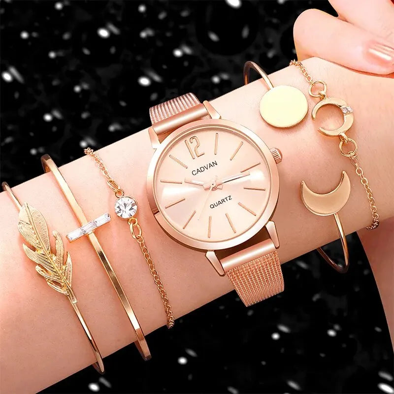 Elegant Rose Gold Quartz Watch & Dainty Bracelet Set for Women - Casual Fashion Montre Femme