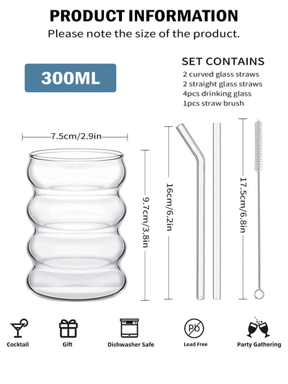 Leeseph Vintage-Kaffeetassen aus geriffeltem Glas – 4er-Set ästhetische Trinkgläser mit Strohhalmen