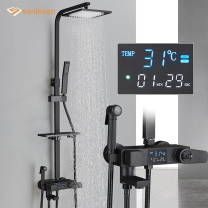 Thermostatic Display Shower Faucet Set with Rainfall Showerhead and Bidet Spray - Black/Chrome Finish with Built-in Bathroom Shelf