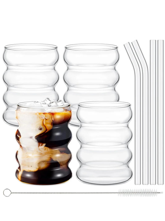 Leeseph Vintage Ribbed Glass Coffee Mugs – Set of 4 Aesthetic Drinking Glasses with Straws