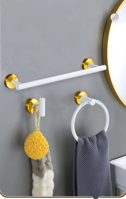 White and Gold Stainless Steel Bathroom Hardware Set - Towel Bar, Toilet Paper Holder, Clothes Hook, Towel Rack Ring