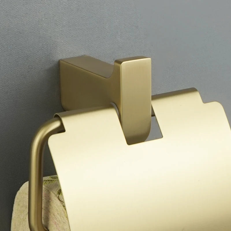 Brushed Gold Bathroom Accessory Set: Towel Bar, Toilet Paper Holder, Towel Rack, Hook, Toilet Brush, and Soap Dispenser