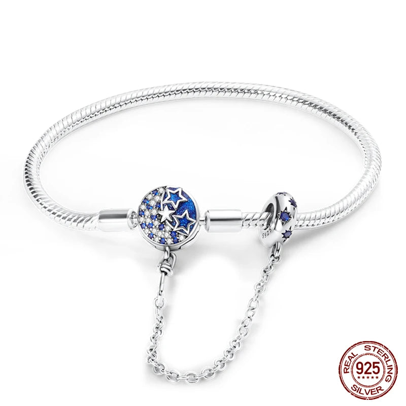 Sterling Silver 925 Bracelet with Star, Moon, Sun, and Four-Leaf Clover – Adjustable 17-20 cm