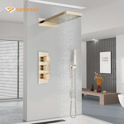 Brushed Golden Thermostatic Shower Faucet Set - Concealed Rainfall & Waterfall Shower System with Triple Handle Control