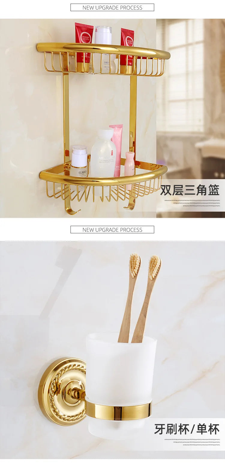 Solid Brass Bathroom Hardware Set - Gold Polished Toothbrush Holder, Paper Holder, Towel Bar, and Towel Rack