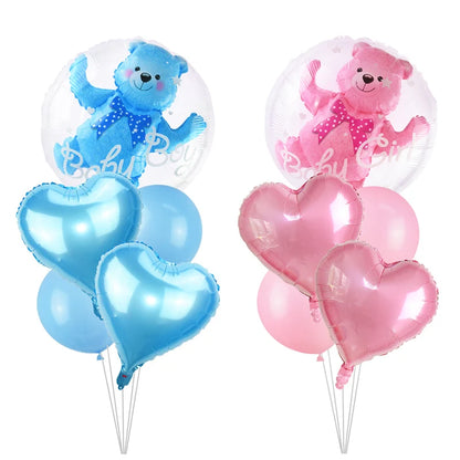 4D Transparent Baby Shower Balloon - Gender Reveal Bear Design for Boys and Girls, 1st Birthday Party Decoration, Blue and Pink Helium Balloon