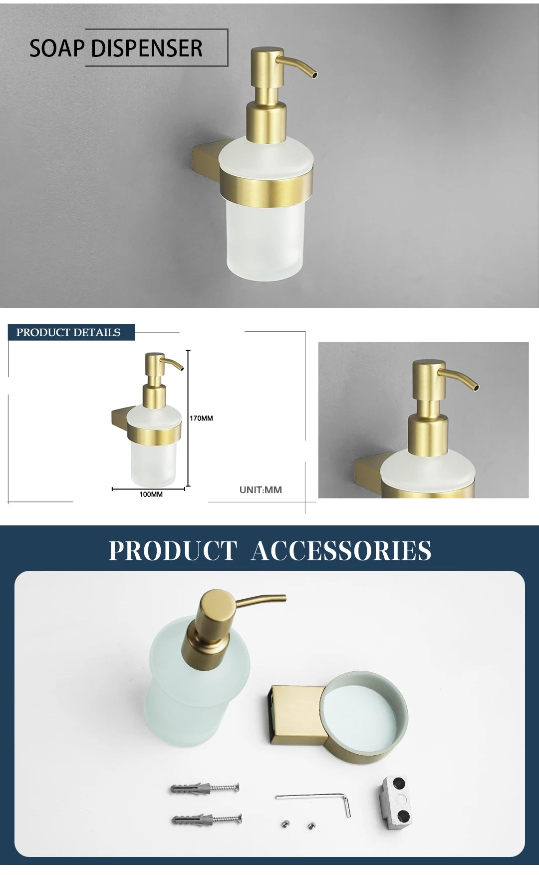 Brushed Gold Bathroom Accessory Set: Towel Bar, Toilet Paper Holder, Towel Rack, Hook, Toilet Brush, and Soap Dispenser