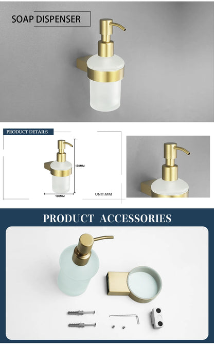 Brushed Gold Bathroom Accessory Set: Towel Bar, Toilet Paper Holder, Towel Rack, Hook, Toilet Brush, and Soap Dispenser