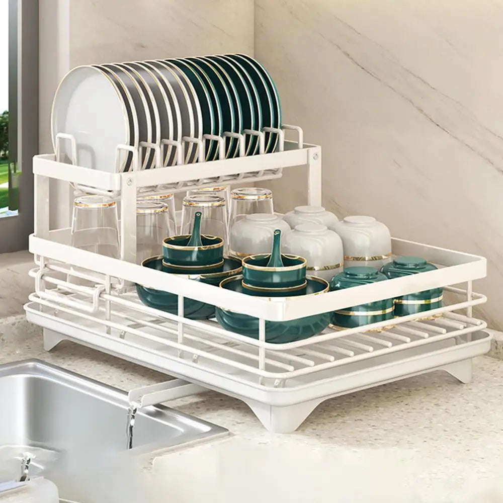 Adjustable Stainless Steel Dish Drying Rack with Drainboard – Over Sink Countertop Plate and Cutlery Organizer